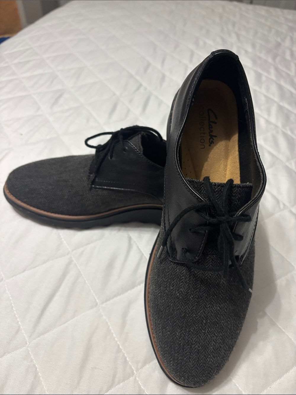 Clarks women’s Sharon Rae black tweed Oxford Flat Lace-Up six 9 40 Shoes